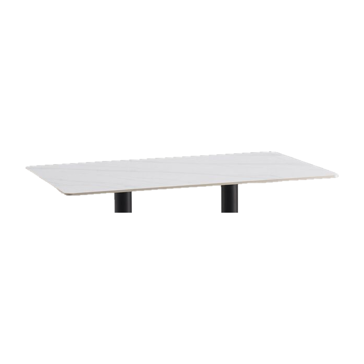 Rectangular White Marble-Look Cafe Table with Twin Black Pedestals – tabletop detail