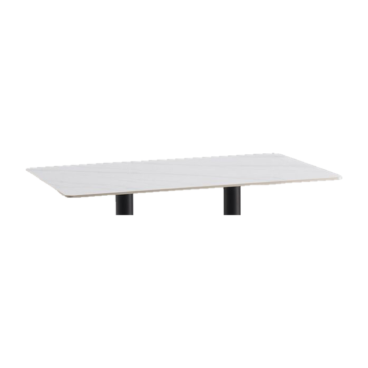 Rectangular White Marble-Look Cafe Table with Twin Black Pedestals – tabletop detail