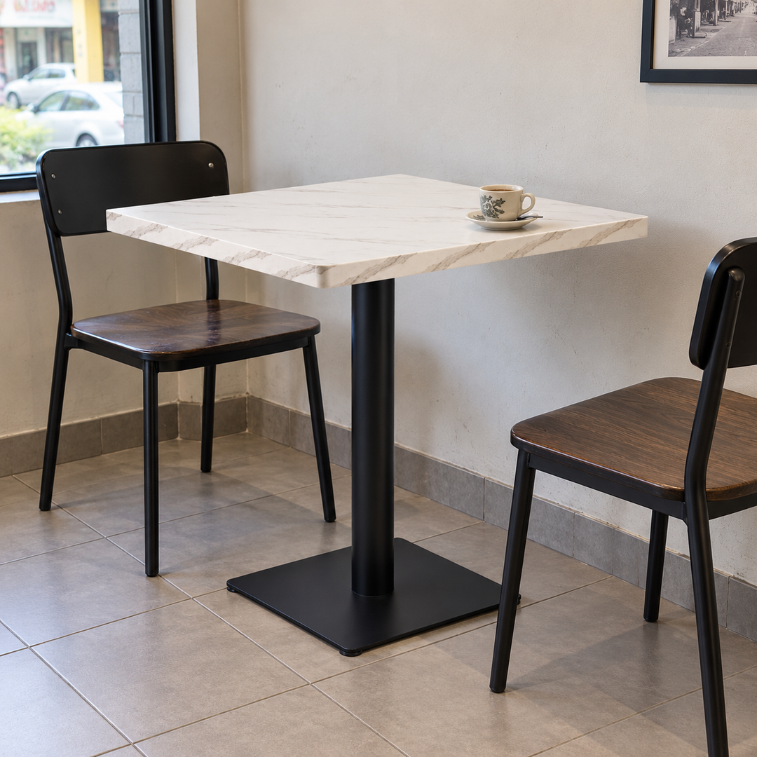 Square Marble-Look Restaurant Table with Black Pedestal – Malaysian cafe setting