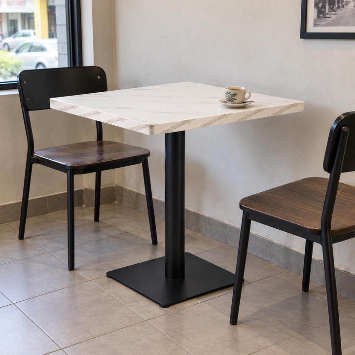 Square Marble-Look Restaurant Table with Black Pedestal – Malaysian cafe setting