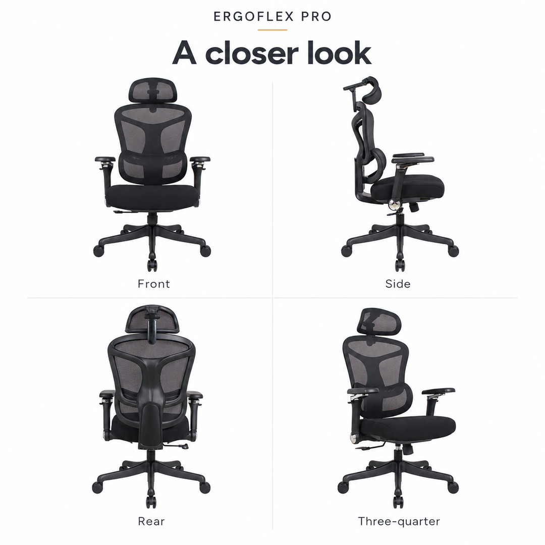 Ergoflex Pro Black — front, side, rear and three-quarter views of the same chair