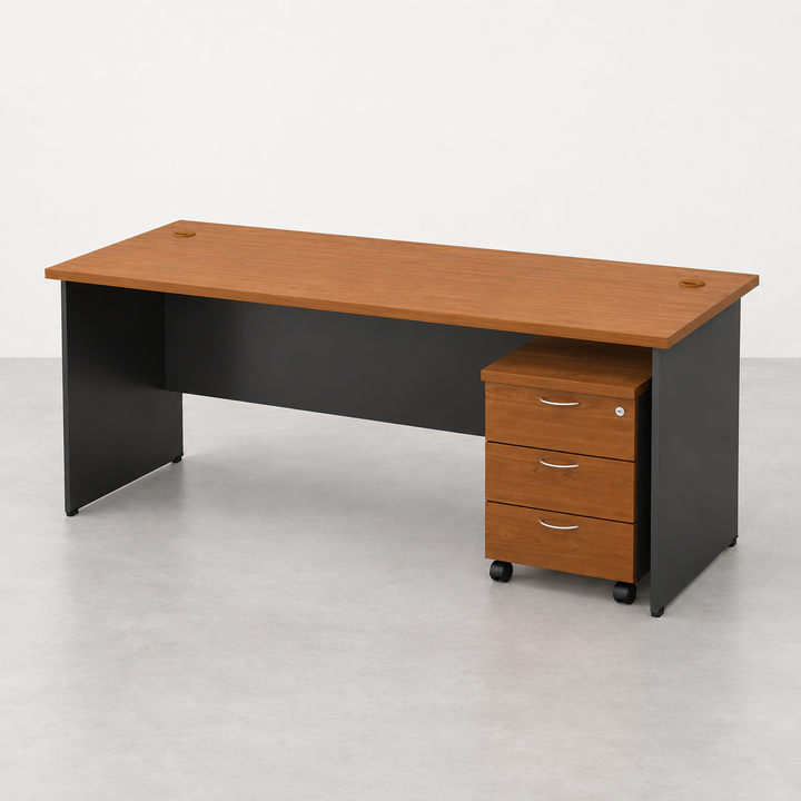 G-Series 1800mm Cherry office desk with GM3 three-drawer mobile pedestal beneath the desk