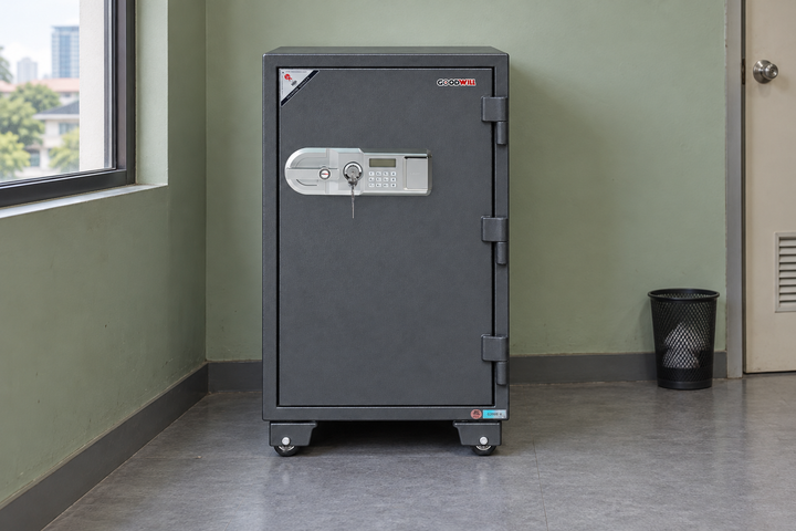 GoodWill G200E-V vertical digital safe in a Malaysian workplace, model-specific lifestyle image