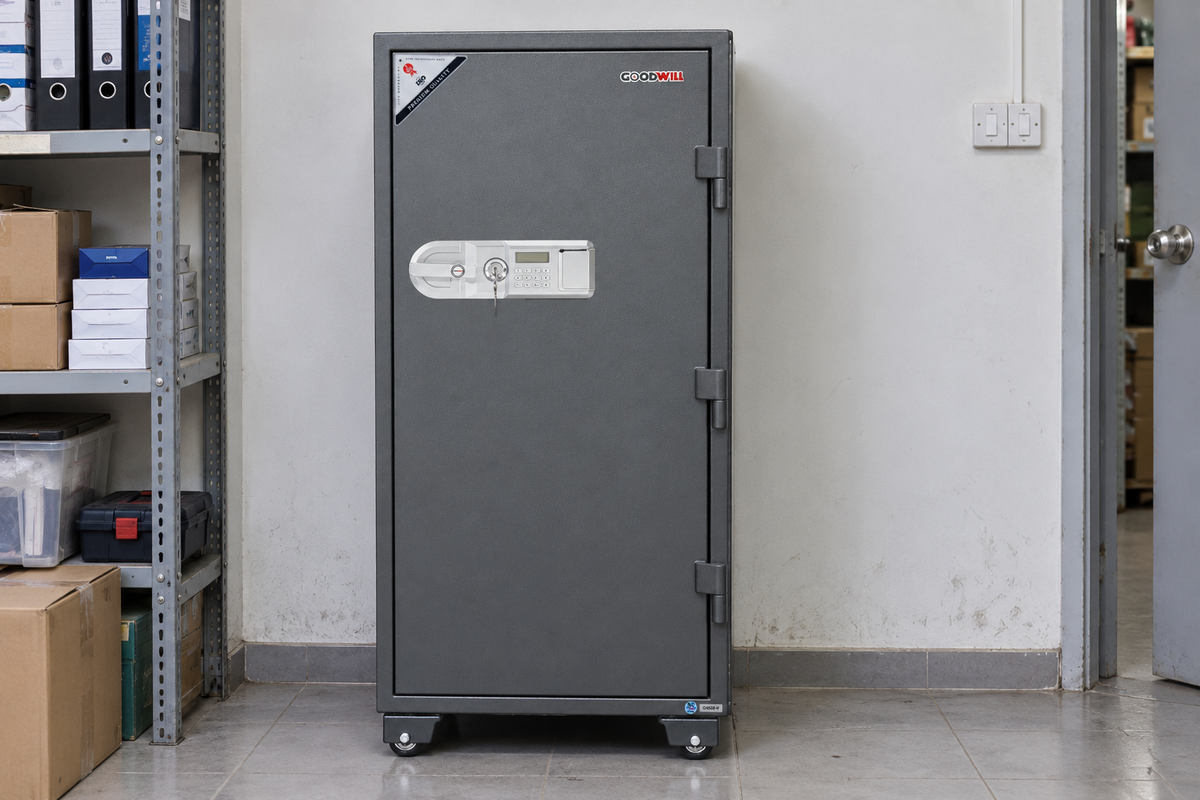 GoodWill G450E-V vertical digital safe in a Malaysian workplace, model-specific lifestyle image