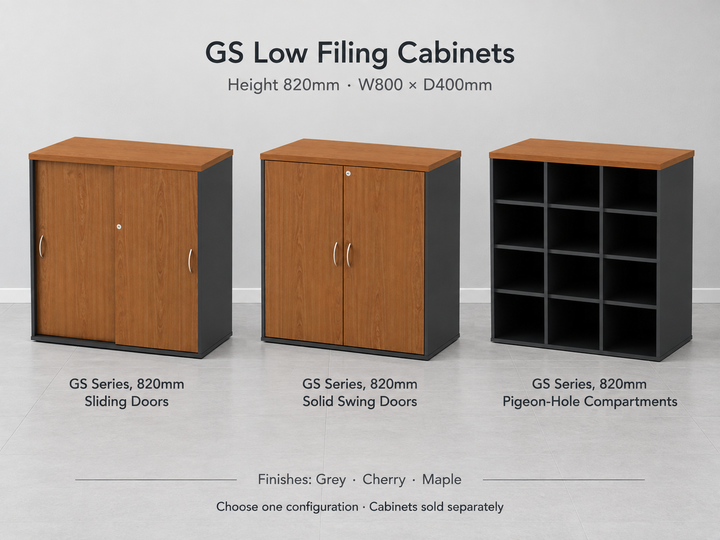 GS Low Filing Cabinets — source-matched cabinet alternatives; choose one configuration, cabinets sold separately