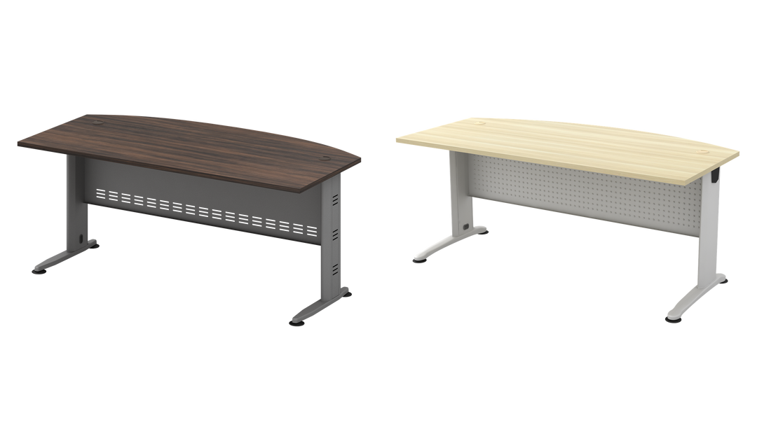 Two d-shape J-Leg desk examples, Q dark Acadia and B light woodgrain; price is for one desk