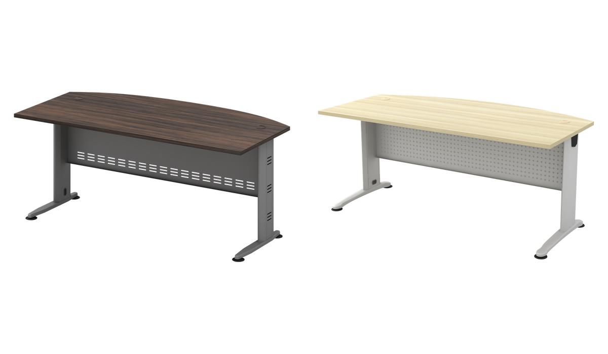 Two d-shape J-Leg desk examples, Q dark Acadia and B light woodgrain; price is for one desk