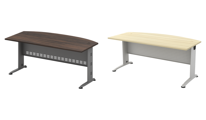 Two d-shape J-Leg desk examples, Q dark Acadia and B light woodgrain; price is for one desk
