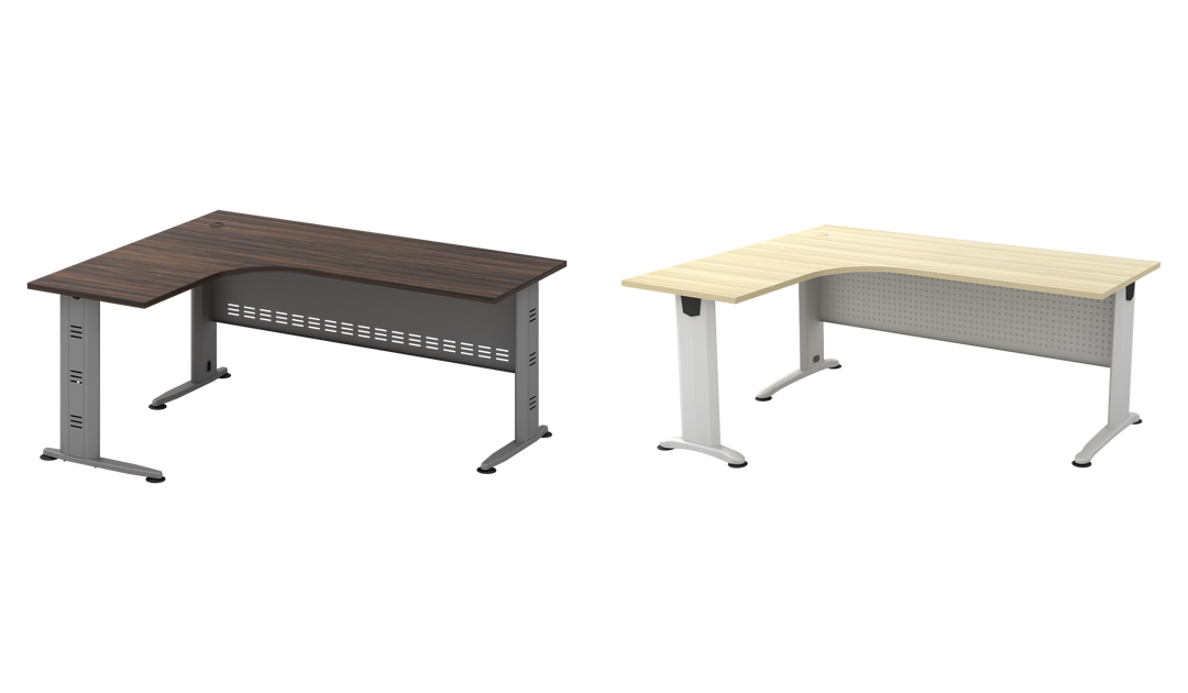 Two l-shaped J-Leg desk examples, Q dark Acadia and B light woodgrain; price is for one desk