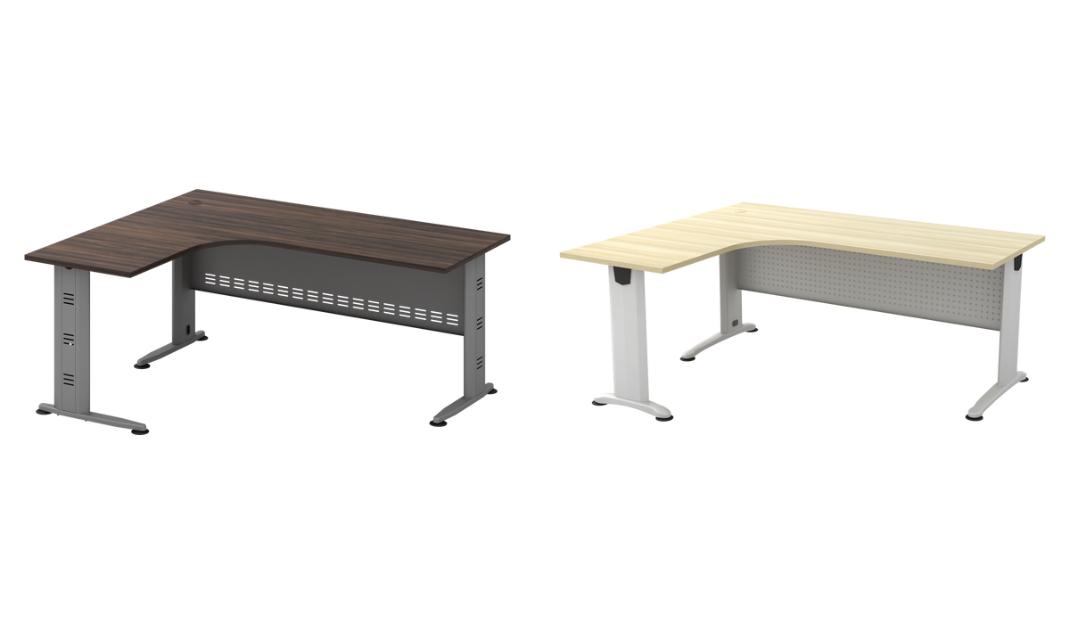 Two l-shaped J-Leg desk examples, Q dark Acadia and B light woodgrain; price is for one desk