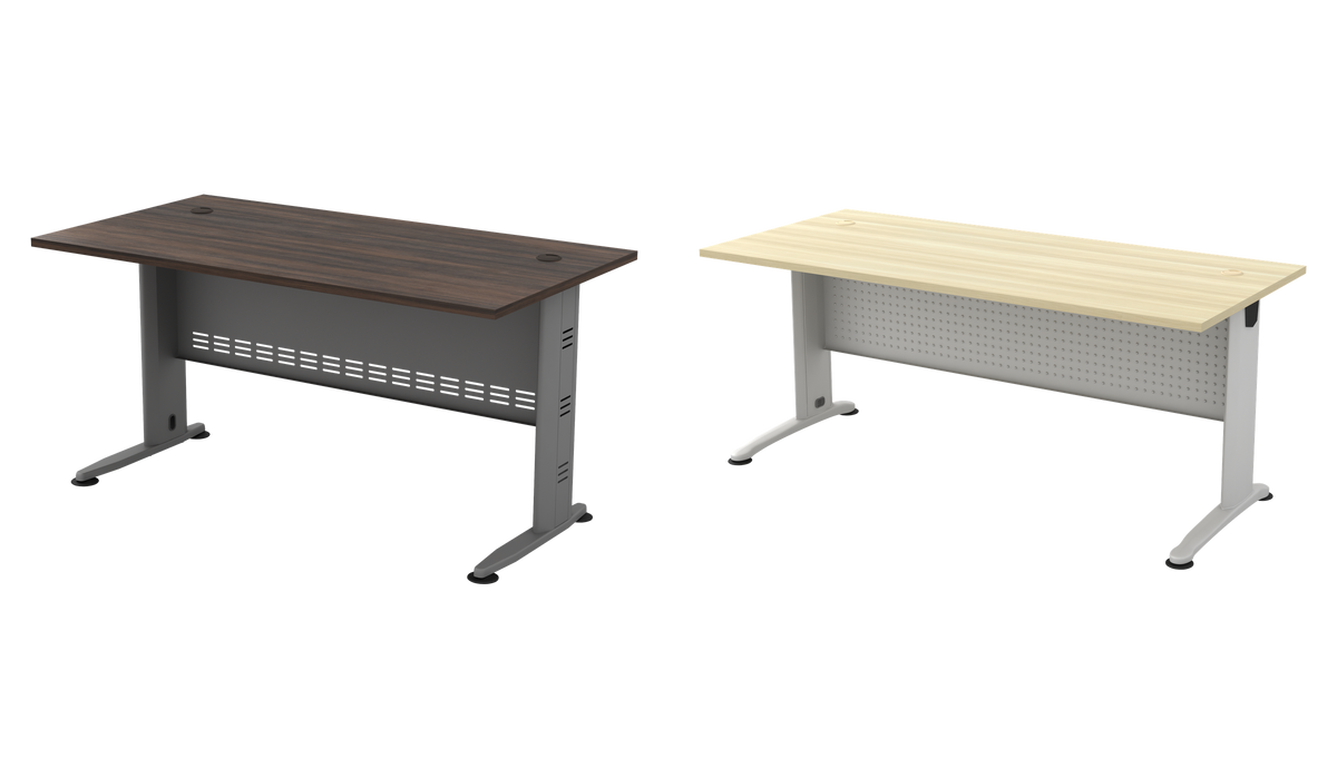Two rectangular J-Leg desk examples, Q dark Acadia and B light woodgrain; price is for one desk