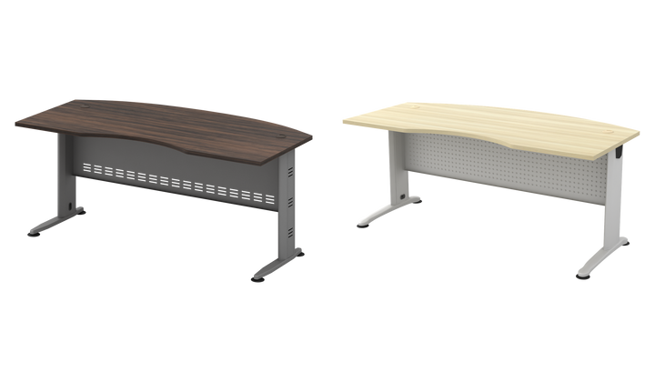 Two wave-front J-Leg desk examples, Q dark Acadia and B light woodgrain; price is for one desk