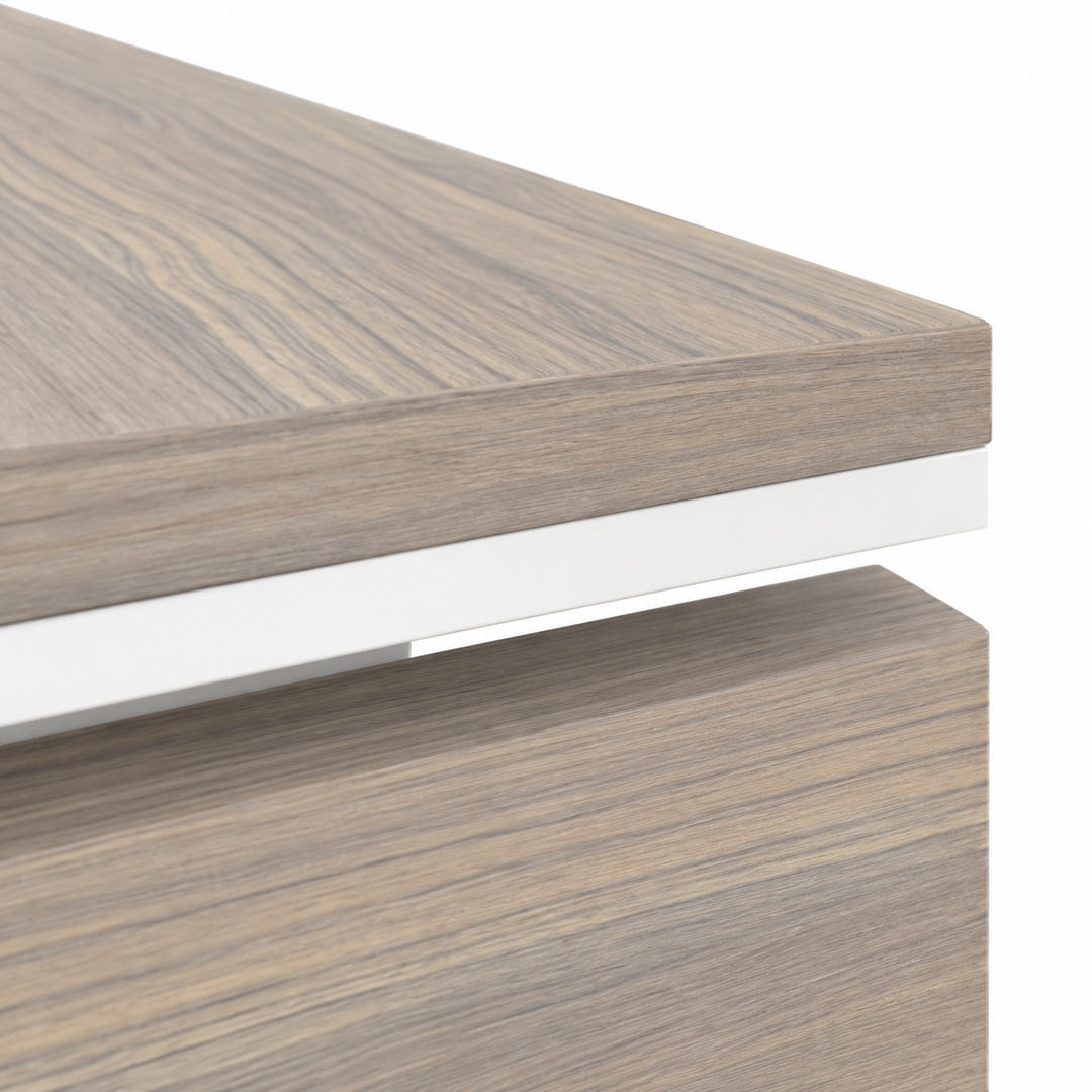 JUPITER raised desktop edge and white trim detail in Thuja Light MFC finish