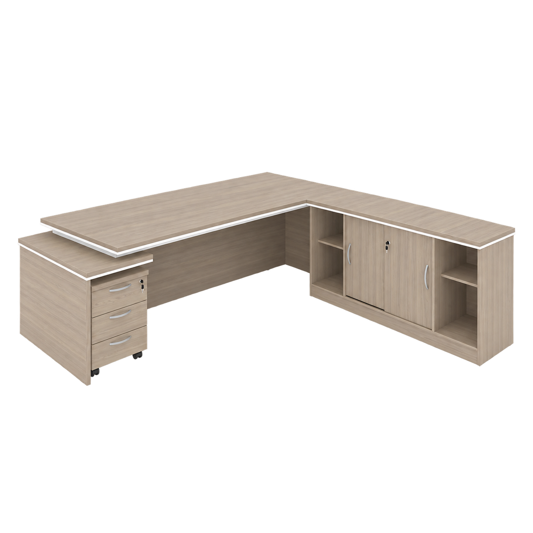 JUPITER desk shown with optional sliding-door side cabinet and optional three-drawer mobile pedestal, transparent background