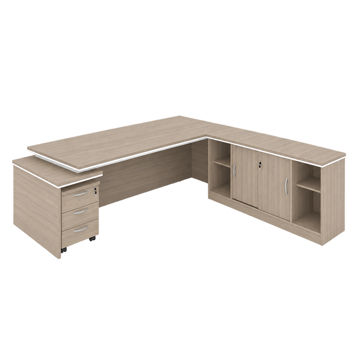 JUPITER desk shown with optional sliding-door side cabinet and optional three-drawer mobile pedestal, transparent background