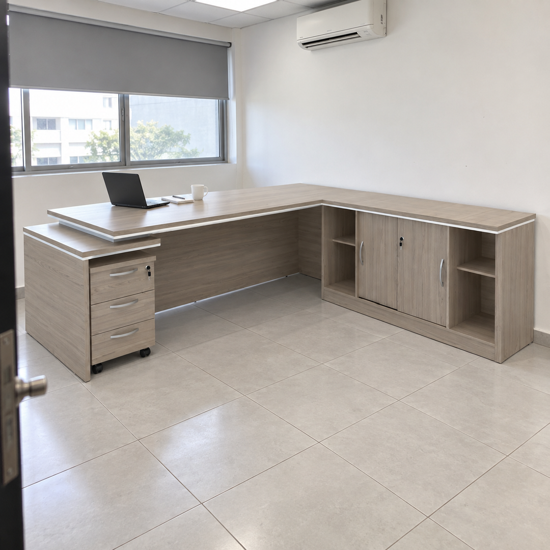 JUPITER desk in an approved Malaysian office setting, shown with optional side cabinet and mobile pedestal