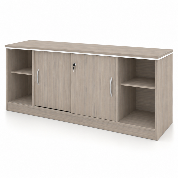 Optional JUPITER sliding-door side cabinet with open shelves at both ends