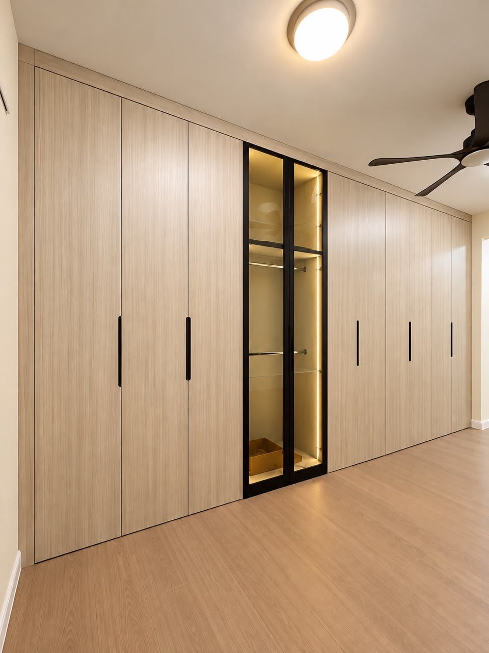 Our completed custom wardrobe with an illuminated glass section