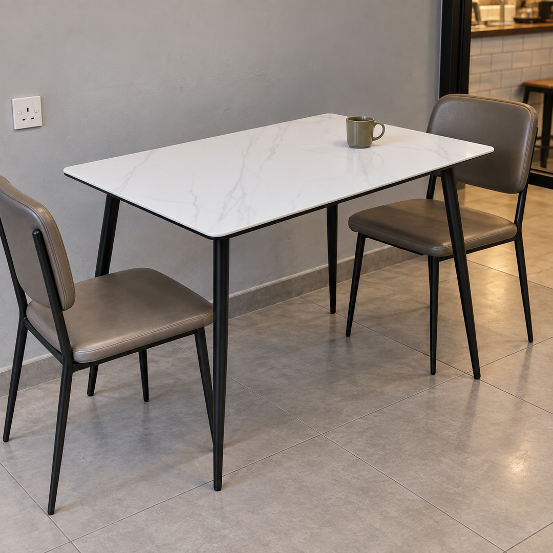 Four-Leg Ceramic Cafe Table — Marble White top with black legs in Malaysian cafe