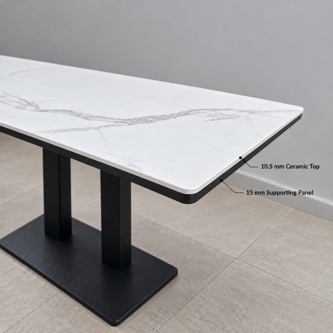 Metal Double Pedestal Cafe Table — metal double ceramic feature (square)