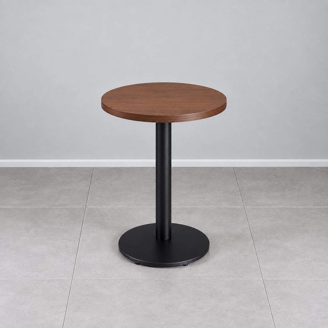 Metal Round Base Cafe Table — metal round round walnut hero (square)