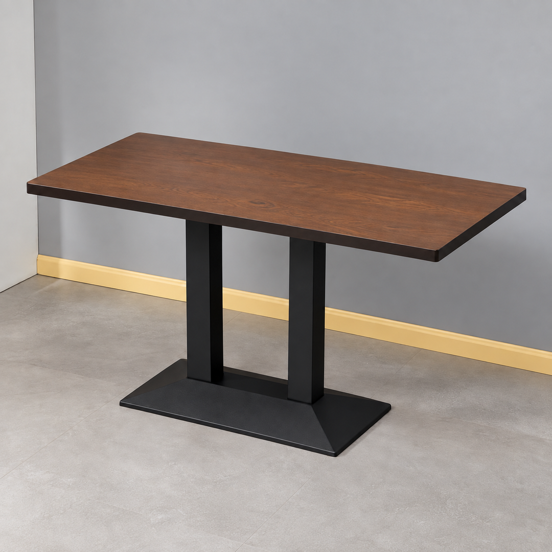 Metal Double Pedestal Cafe Table — metal walnut hero (square)