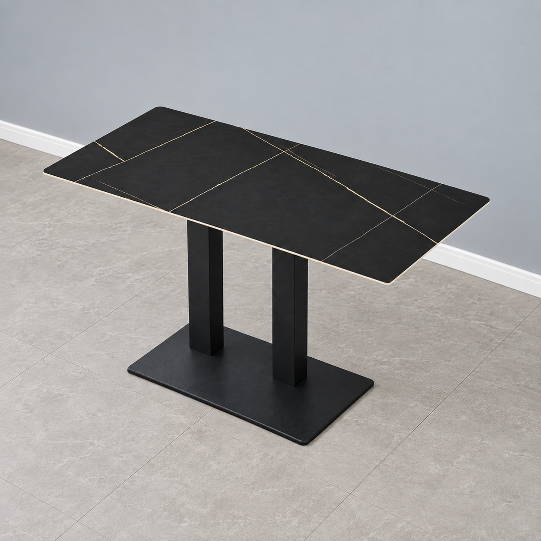 Metal Double Pedestal Cafe Table — rectangular marble black hero (square)