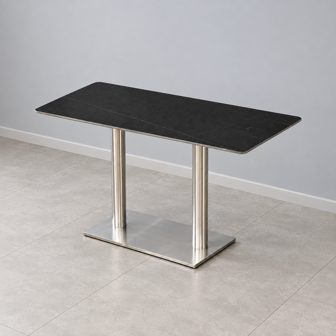 Stainless Steel Double Pedestal Cafe Table — rectangular stainless marble black hero (square)