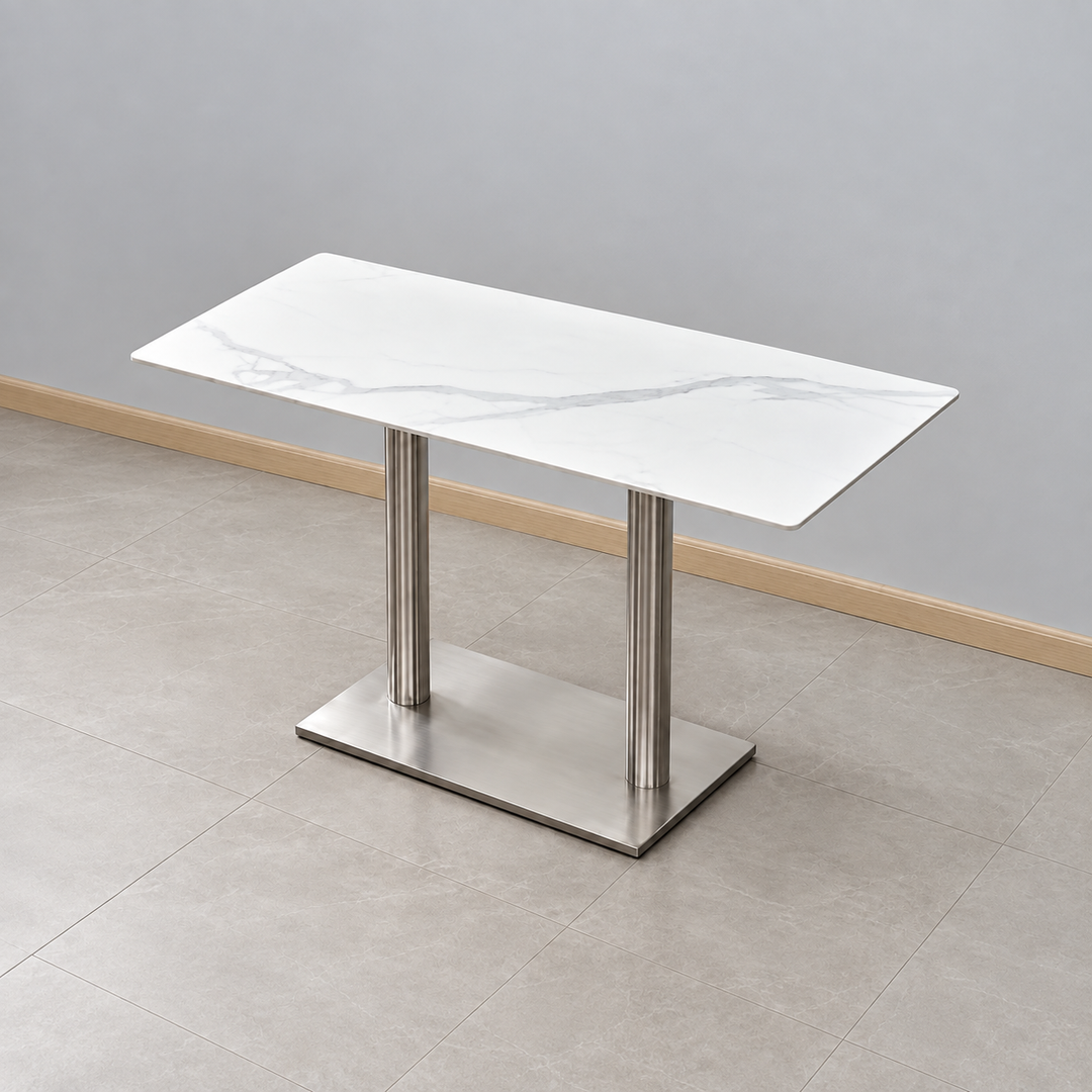 Stainless Steel Double Pedestal Cafe Table — rectangular stainless marble white hero (square)