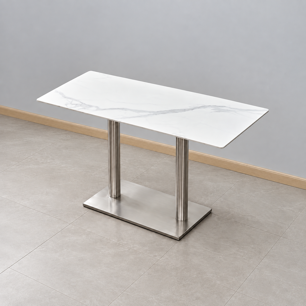 Stainless Steel Double Pedestal Cafe Table — rectangular stainless marble white hero (square)