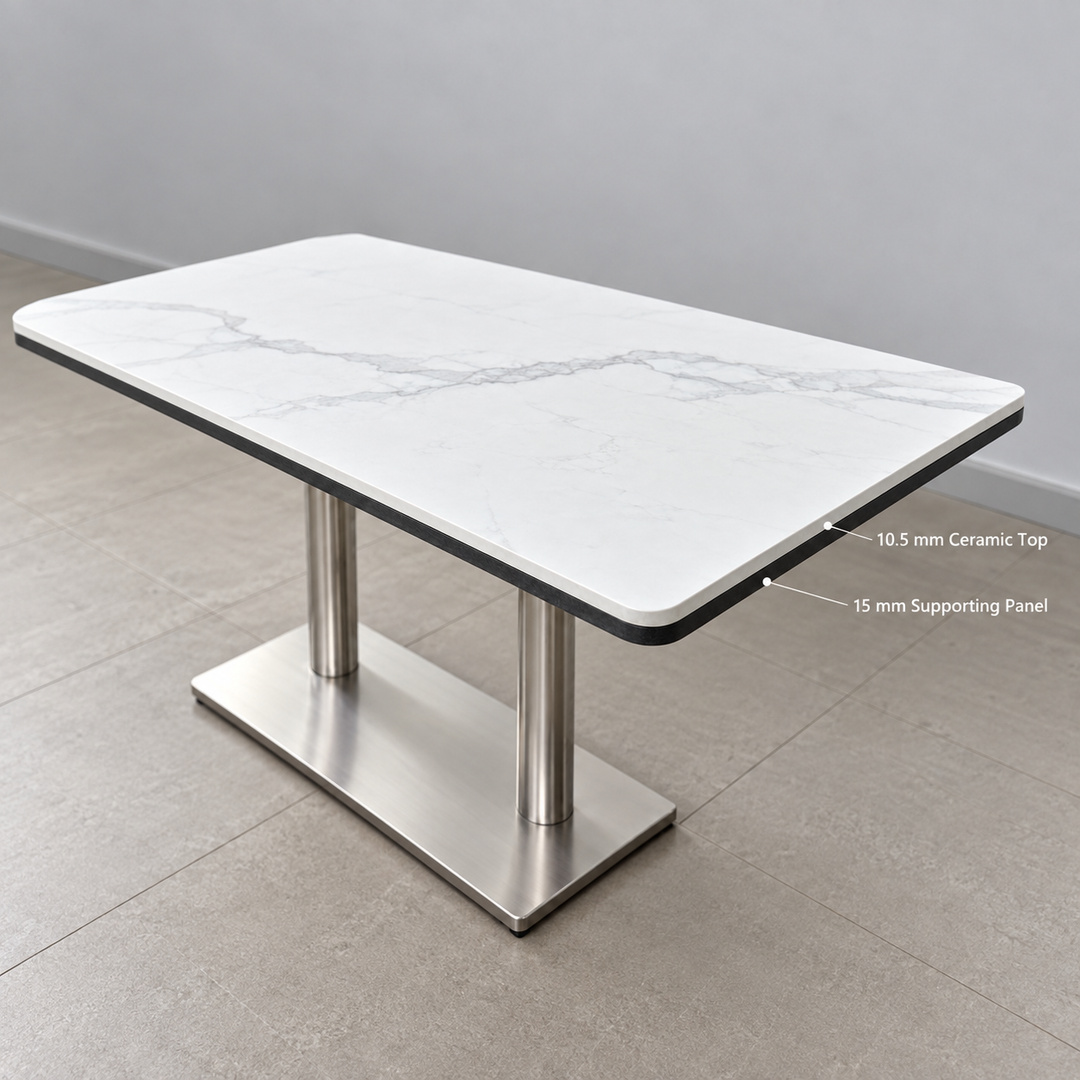 Stainless Steel Double Pedestal Cafe Table — stainless double ceramic feature (square)