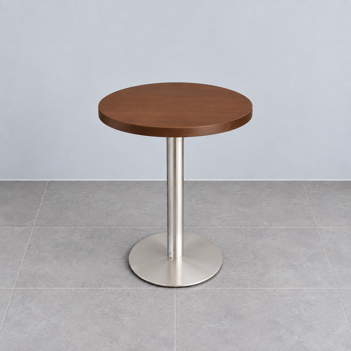 Stainless Steel Round Base Cafe Table — stainless round round walnut hero (square)