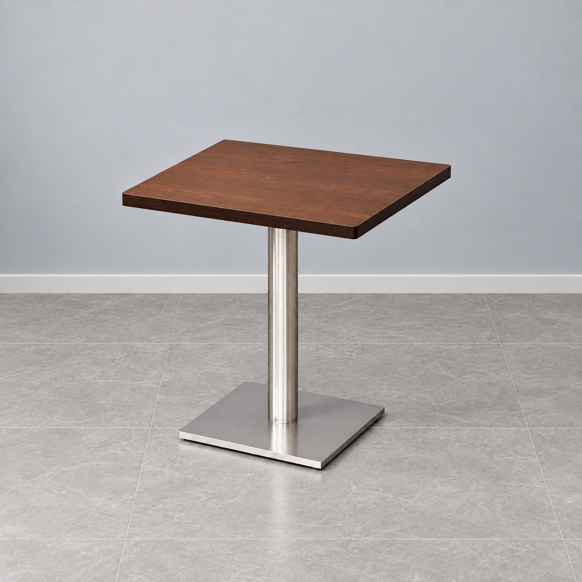 Stainless Steel Square Base Cafe Table — 420mm Base — stainless square420 square walnut hero (square)
