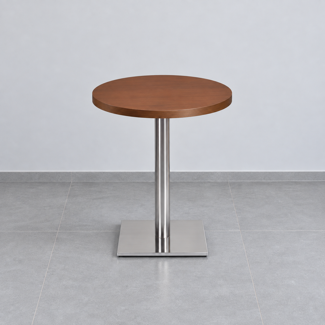 Stainless Steel Square Base Cafe Table — 450mm Base — stainless square450 round walnut hero (square)