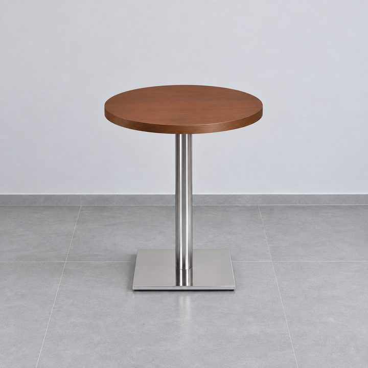 Stainless Steel Square Base Cafe Table — 450mm Base — stainless square450 round walnut hero (square)