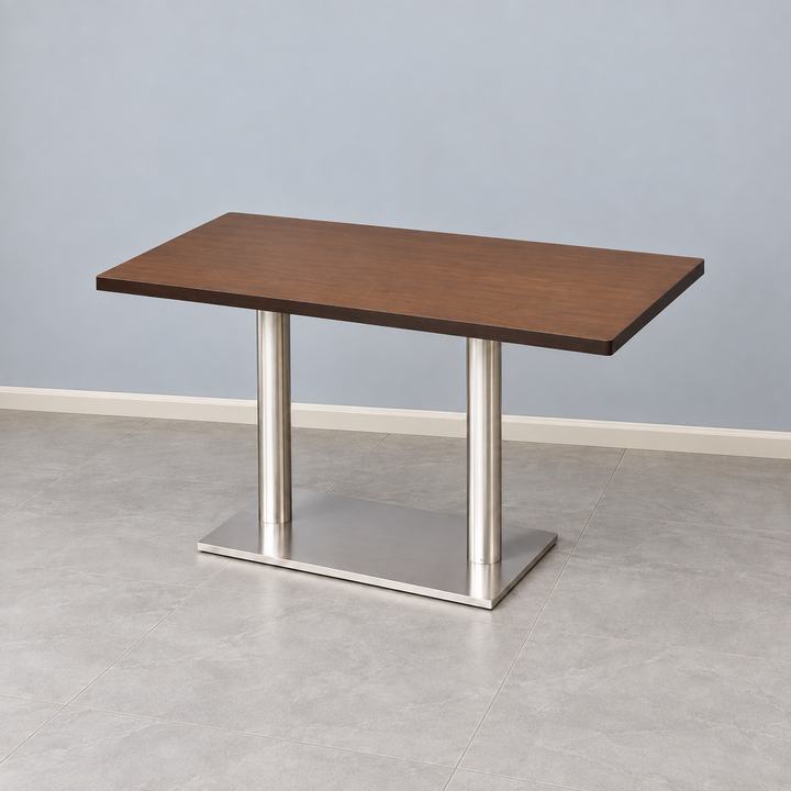Stainless Steel Double Pedestal Cafe Table — stainless walnut hero (square)