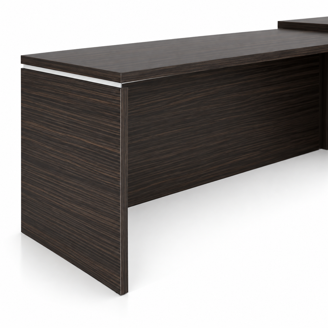 MARS raised desktop edge and solid panel leg in Makossar MFC finish