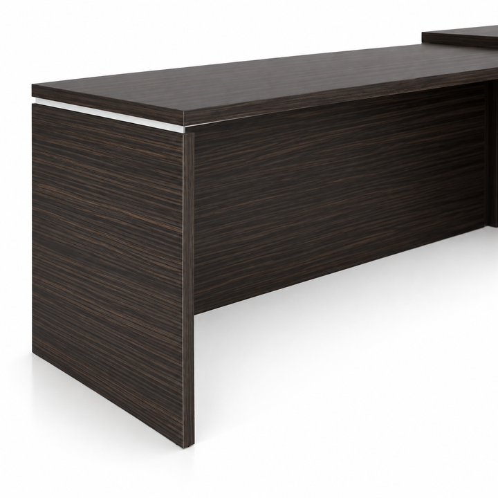 MARS raised desktop edge and solid panel leg in Makossar MFC finish