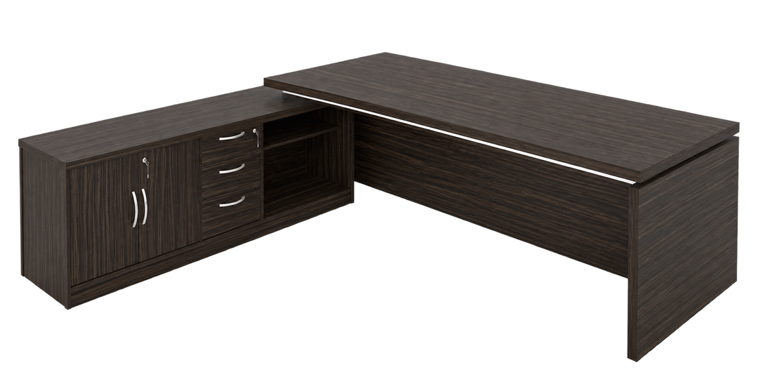 MARS desk with integrated side cabinet, two hinged doors, three drawers and open shelf, Makossar finish, transparent background