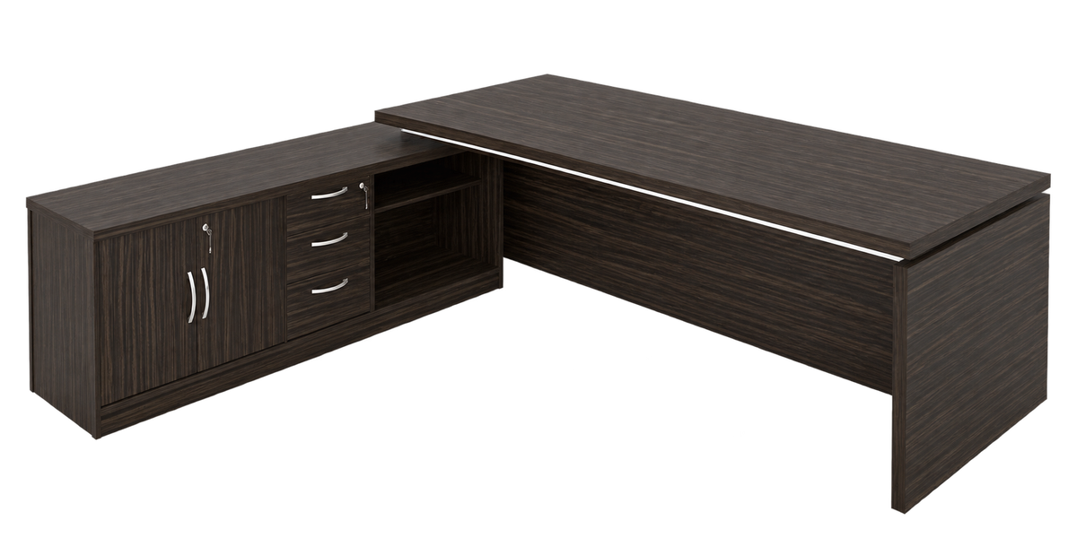 MARS desk with integrated side cabinet, two hinged doors, three drawers and open shelf, Makossar finish, transparent background