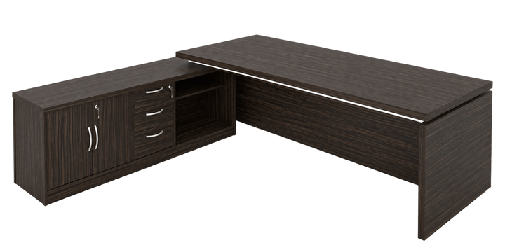 MARS desk with integrated side cabinet, two hinged doors, three drawers and open shelf, Makossar finish, transparent background