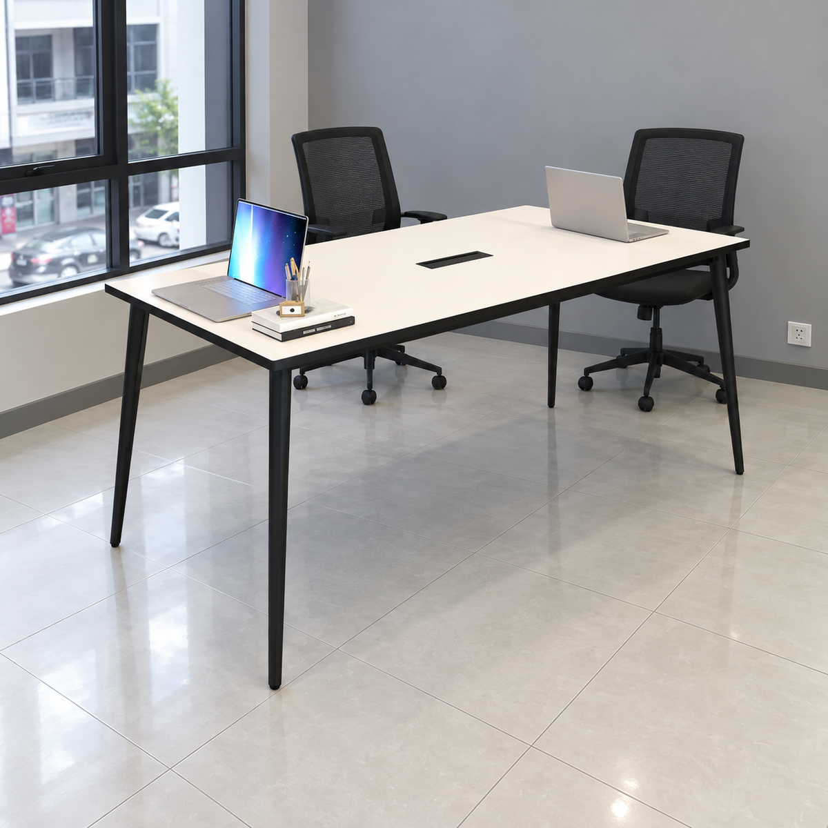 monochrome discussion rectangular — exact table configuration in a Malaysian office; chairs are styling references
