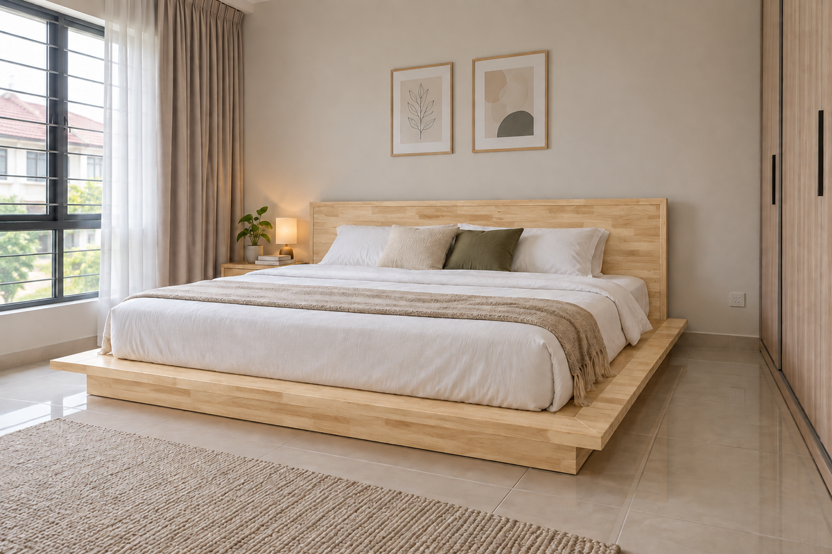 Natural rubberwood tatami king bed in a Malaysian bedroom