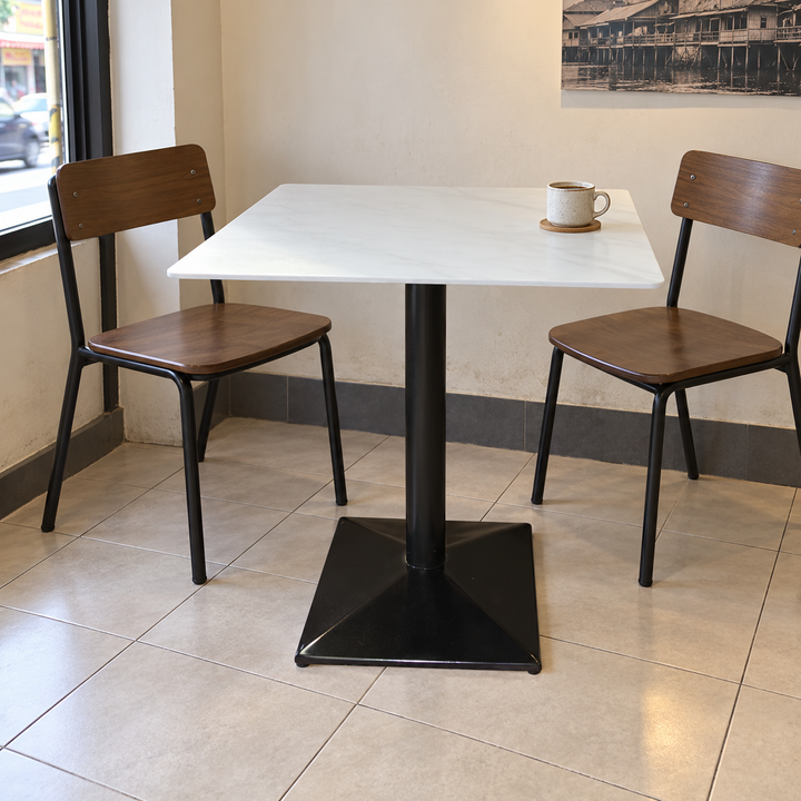 Square White Cafe Table with Raised Black Base – Malaysian cafe setting