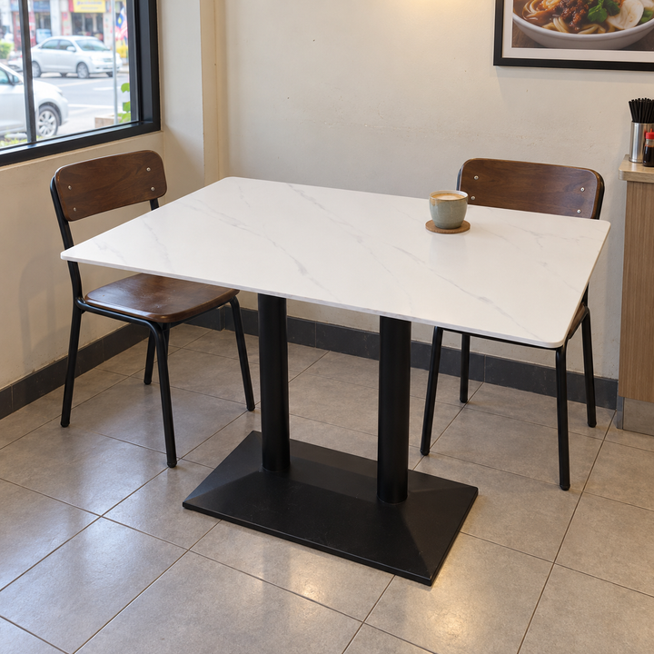 Rectangular Marble-Look Cafe Table with Raised Black Base – Malaysian cafe setting