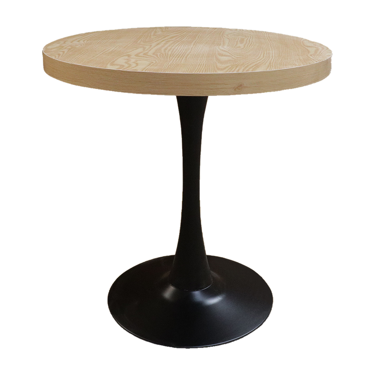 Round Woodgrain Cafe Table with Curved Black Pedestal – transparent product image