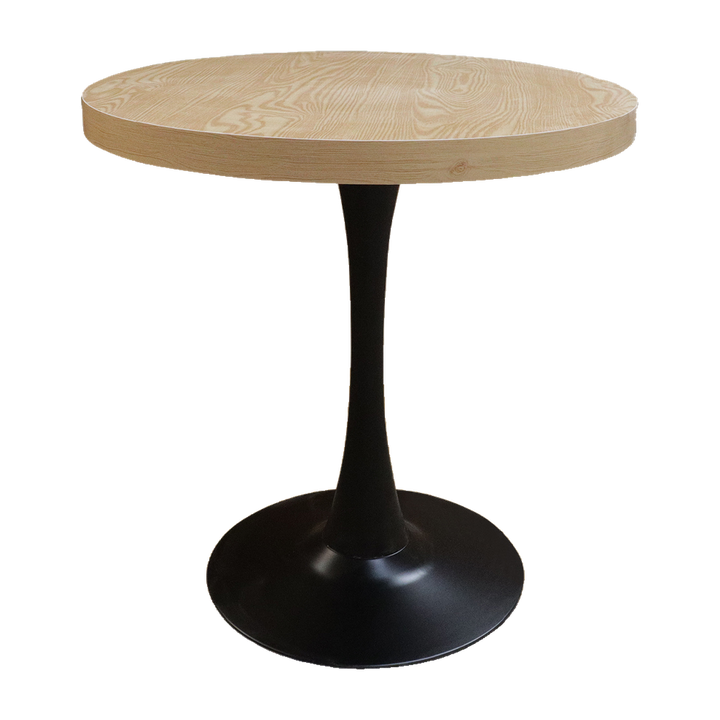 Round Woodgrain Cafe Table with Curved Black Pedestal – transparent product image
