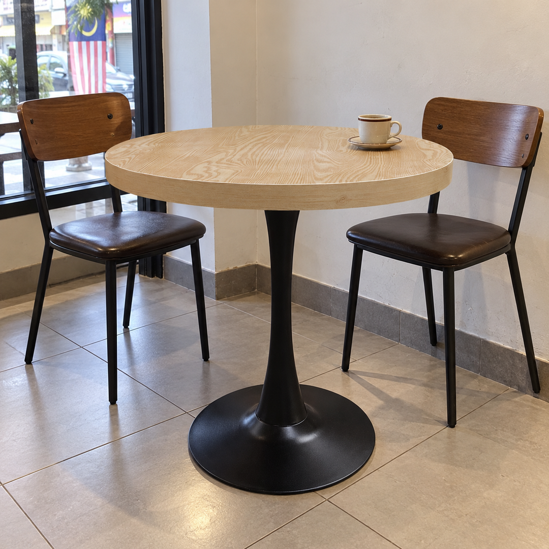 Round Woodgrain Cafe Table with Curved Black Pedestal – Malaysian cafe setting