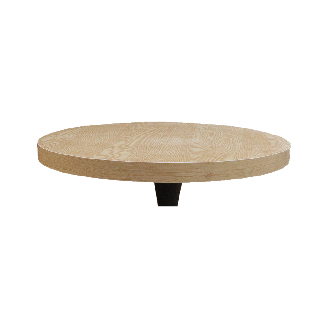 Round Woodgrain Cafe Table with Curved Black Pedestal – tabletop detail