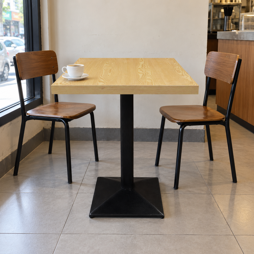 Square Woodgrain Cafe Table with Black Pedestal – Malaysian cafe setting